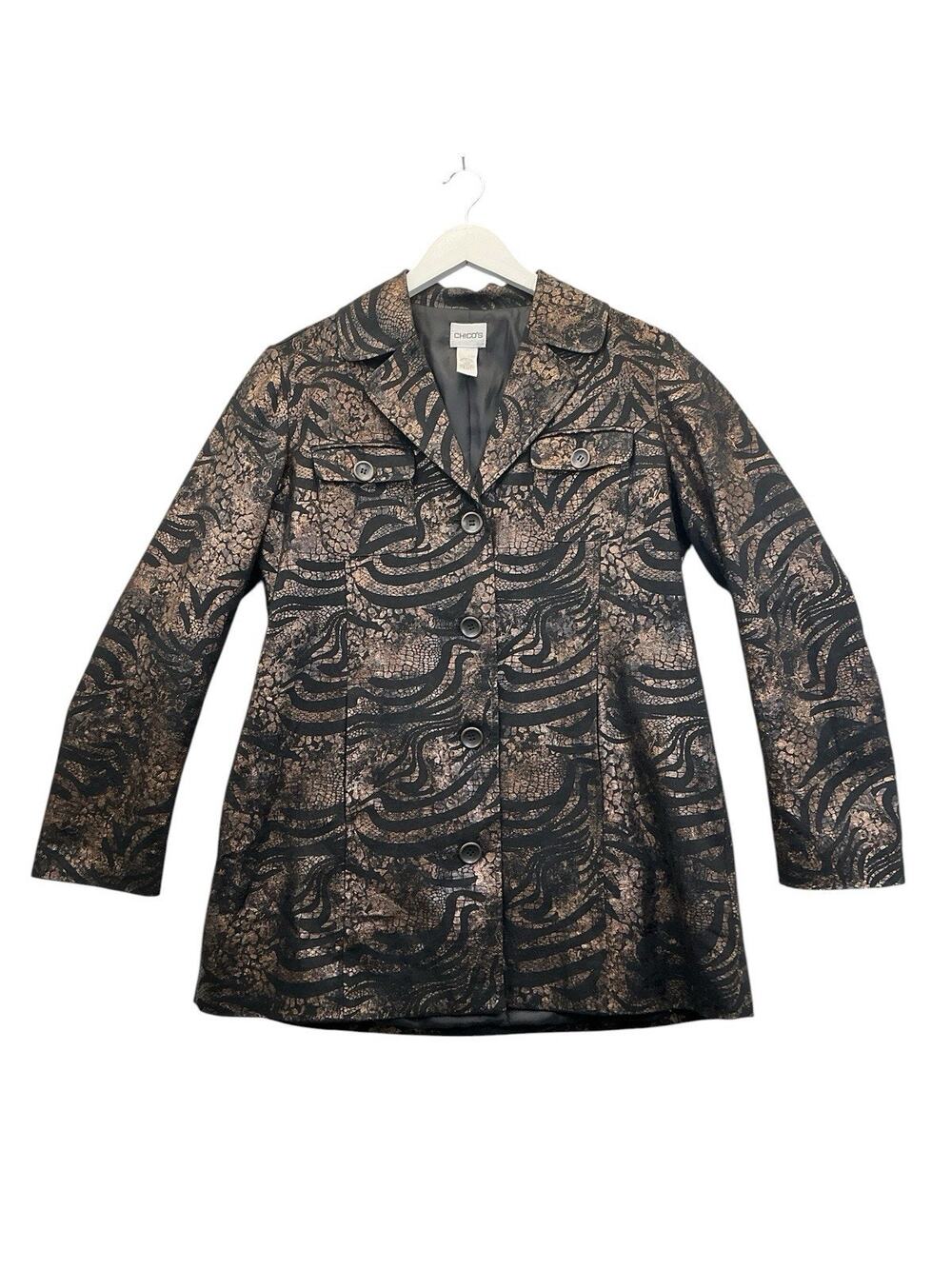 Chico’s Metallic Jacquard Floral Blazer Jacket Teal Gold Open Front Artsys Sz. 1